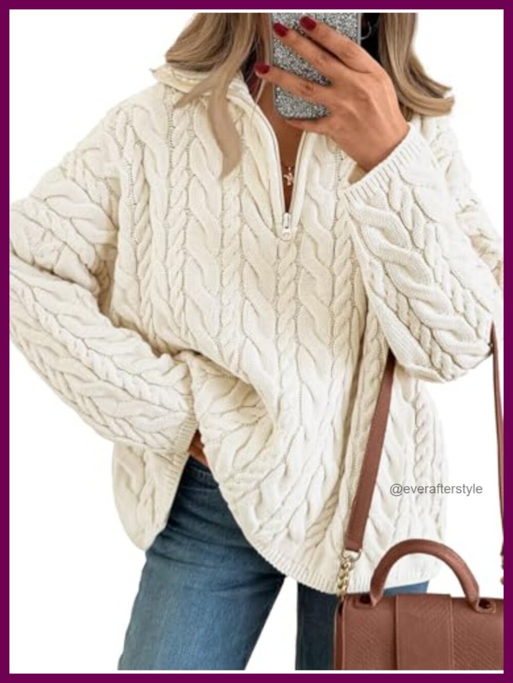 Womens Oversized Chunky Cable Knit Quarter Zip Pullover Sweater Cotton Blend